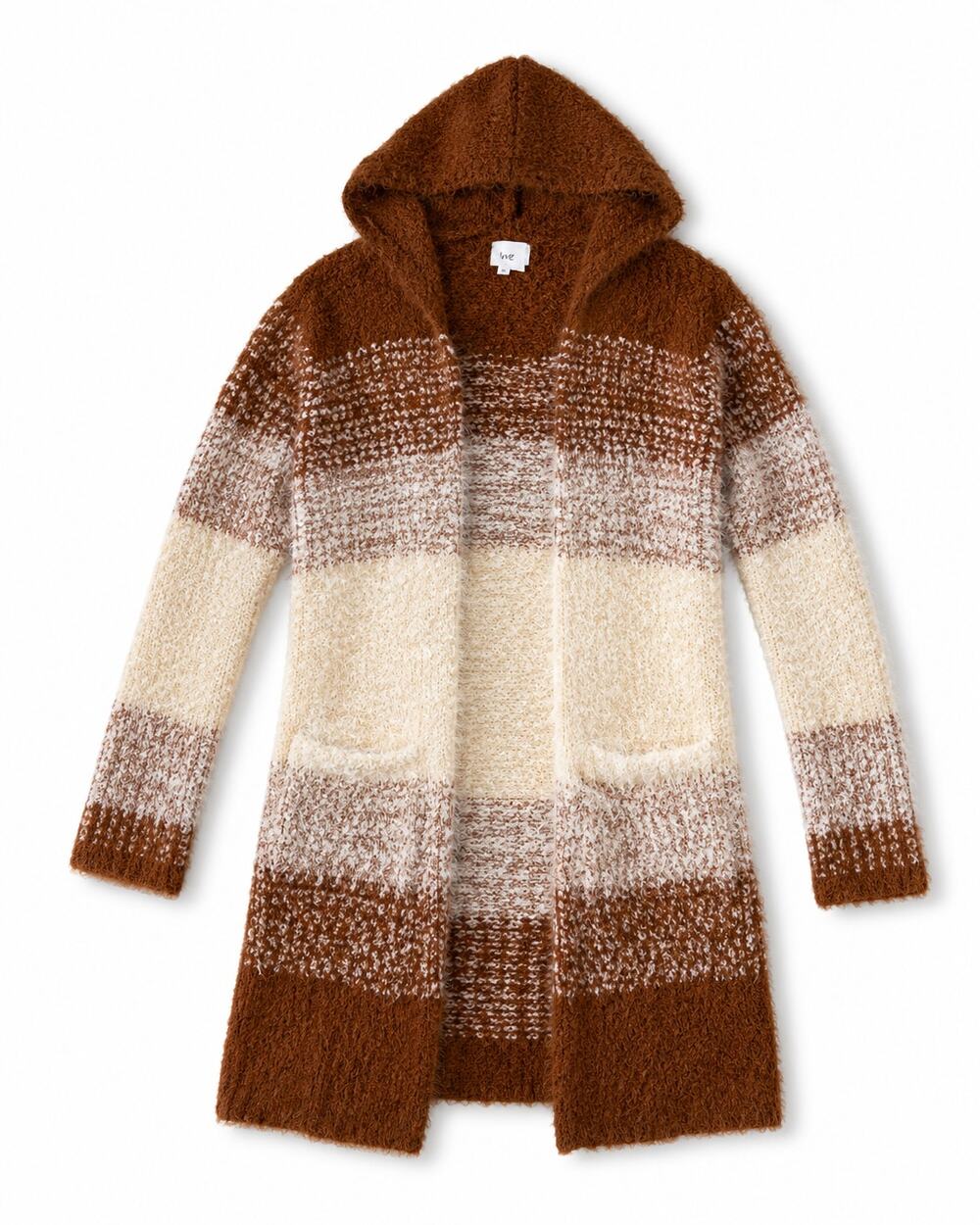 Fuzzy Women's Medium Striped Hooded Long Cardigan with Pockets